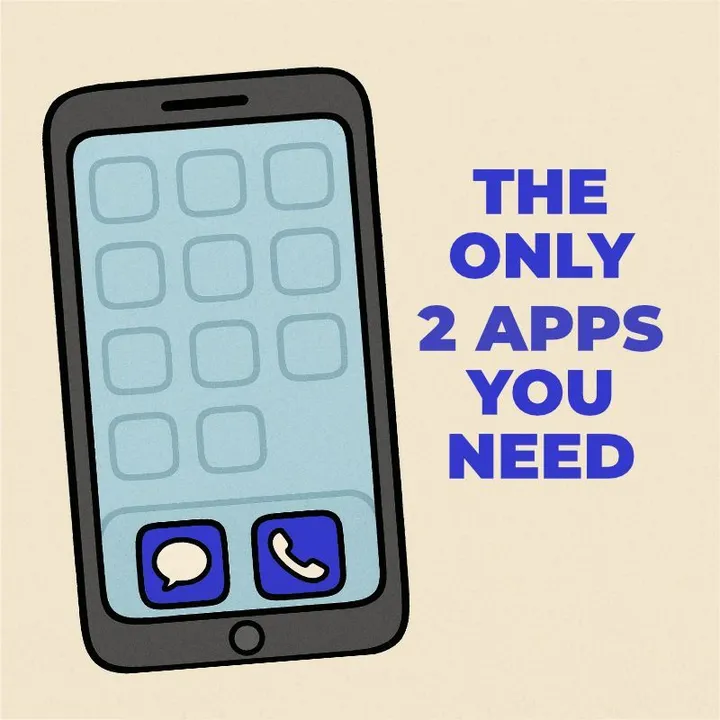 a picture of a phone with only the phone and sms icon saying the only 2 apps you need