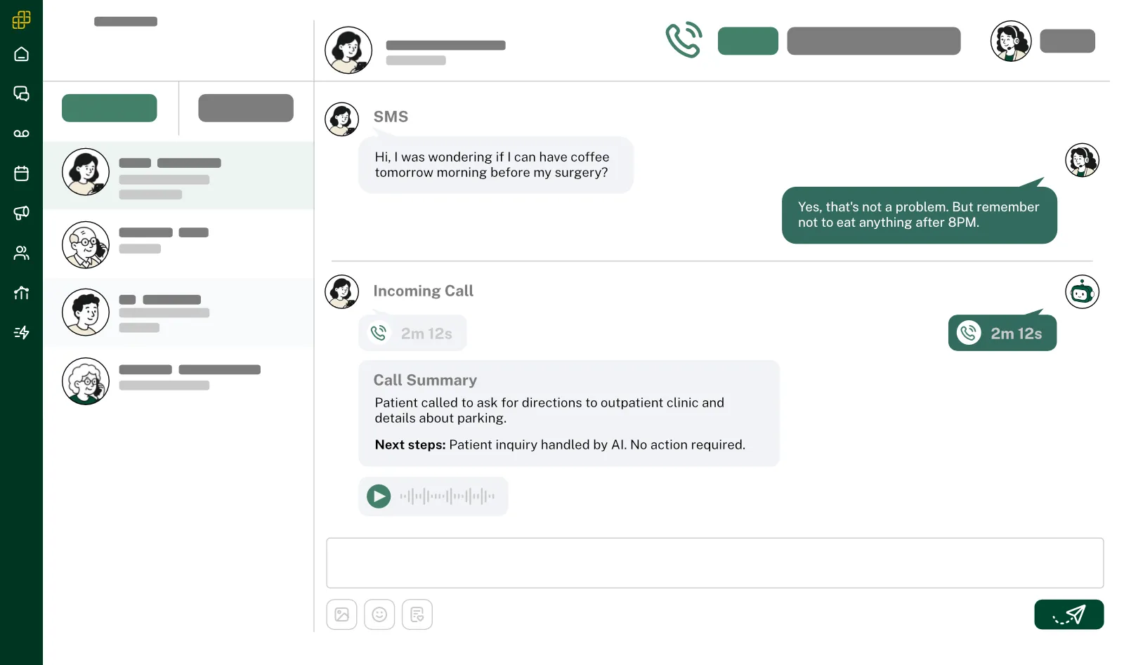 Carrick conversation view combining an SMS exchange, incoming call, AI call summary, and voicemail playback